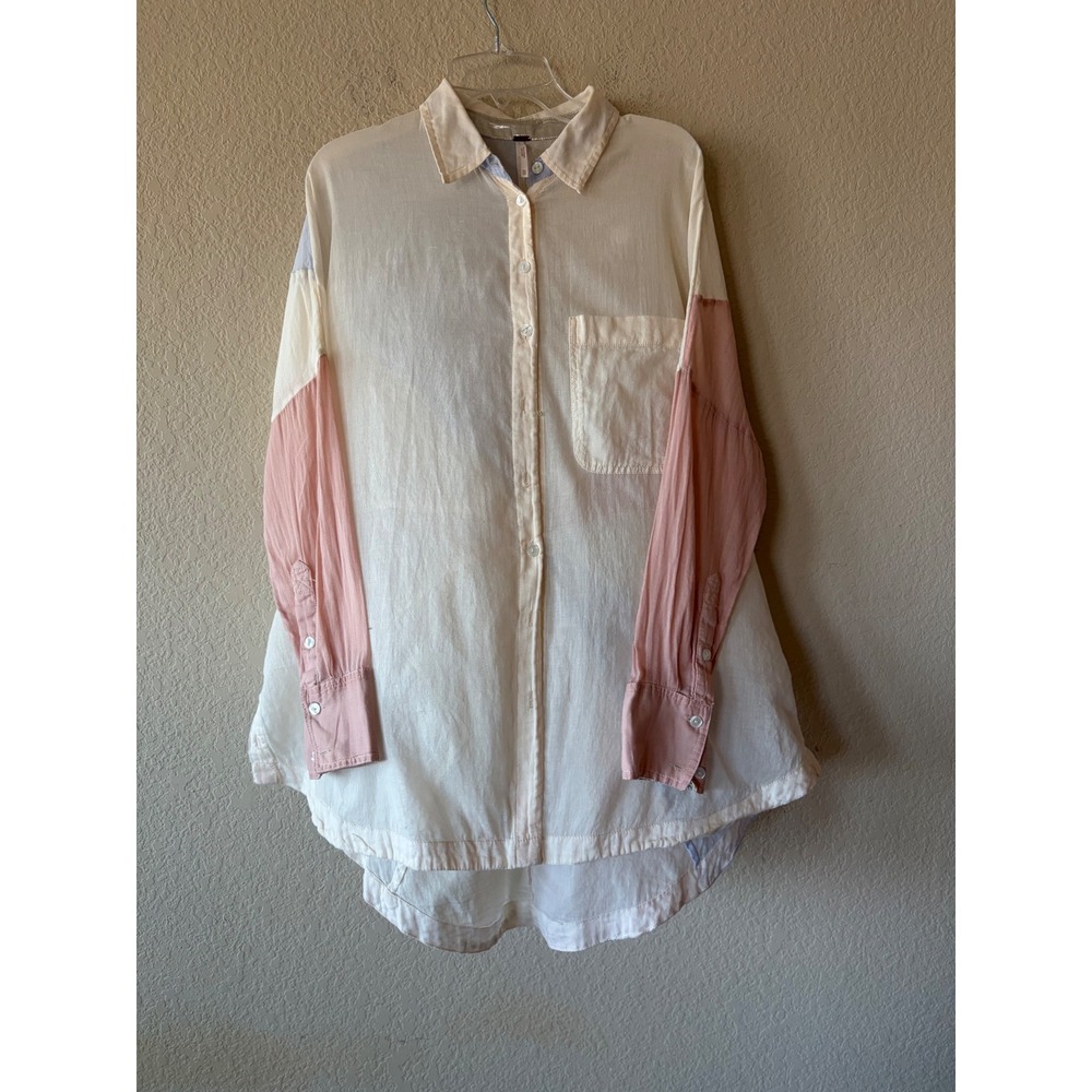Free People Sunburst Patchwork Cotton Button Down Shirt Colorblock Pink Blue XS